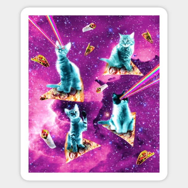 Outer Space Cats With Rainbow Laser Eyes Riding On Pizza Sticker by Random Galaxy